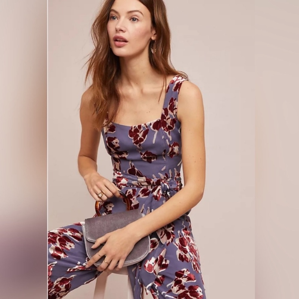 Anthropologie Lavender Floral Jumpsuit with Burgundy Blooms
